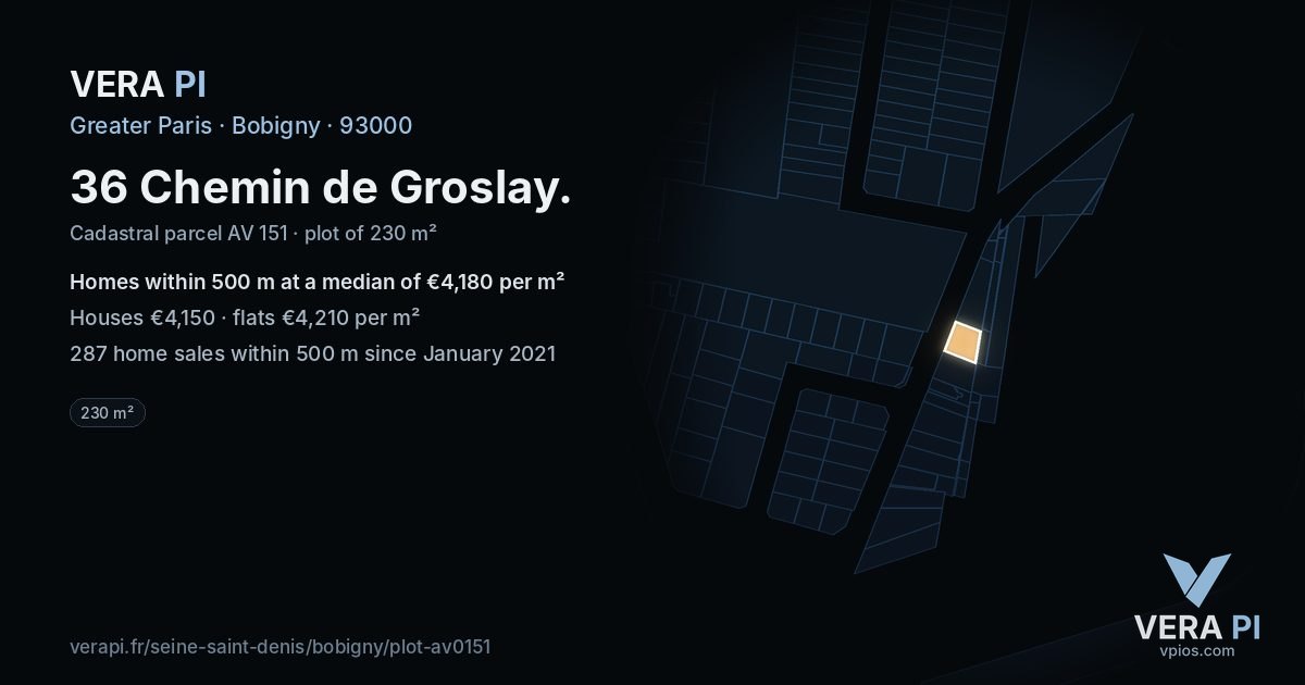 36 Chemin de Groslay, Bobigny at night – the plot lit, the parcels around coloured by the prices near them