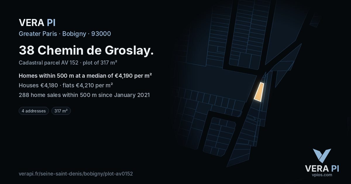 38 Chemin de Groslay, Bobigny at night – the plot lit, the parcels around coloured by the prices near them