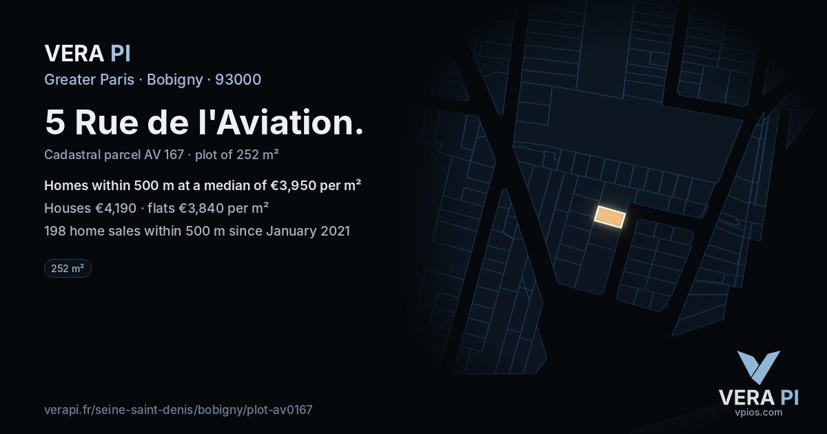 5 Rue de l'Aviation, Bobigny at night – the plot lit, the parcels around coloured by the prices near them