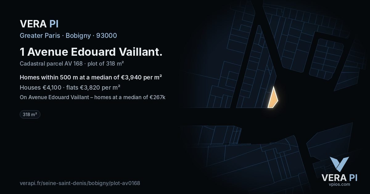 1 Avenue Edouard Vaillant, Bobigny at night – the plot lit, the parcels around coloured by the prices near them