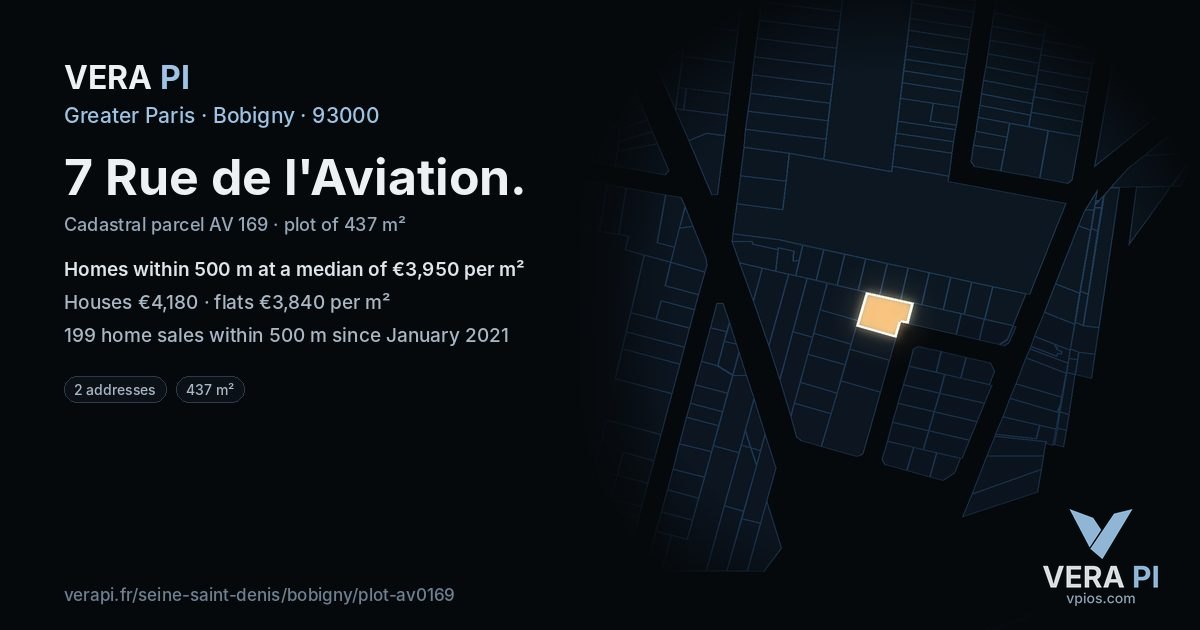 7 Rue de l'Aviation, Bobigny at night – the plot lit, the parcels around coloured by the prices near them
