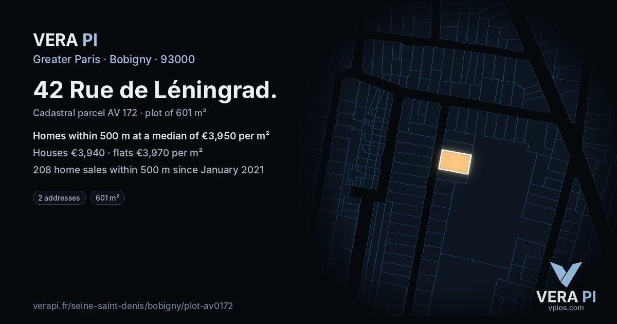 42 Rue de Léningrad, Bobigny at night – the plot lit, the parcels around coloured by the prices near them