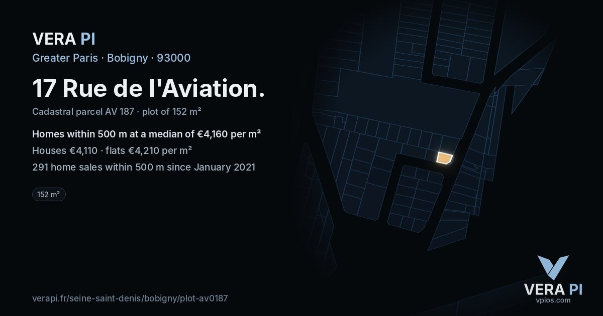 17 Rue de l'Aviation, Bobigny at night – the plot lit, the parcels around coloured by the prices near them