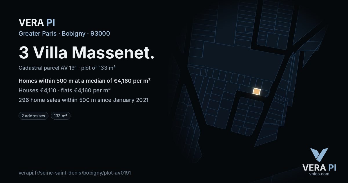 3 Villa Massenet, Bobigny at night – the plot lit, the parcels around coloured by the prices near them