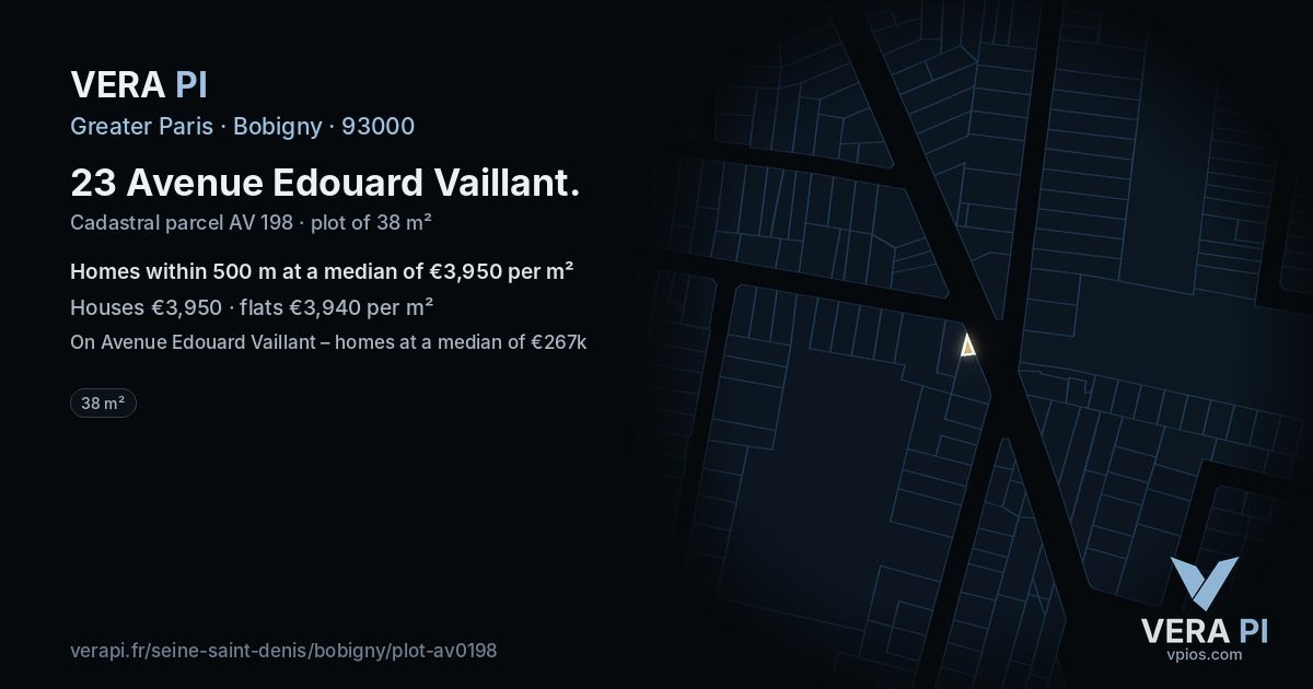 23 Avenue Edouard Vaillant, Bobigny at night – the plot lit, the parcels around coloured by the prices near them
