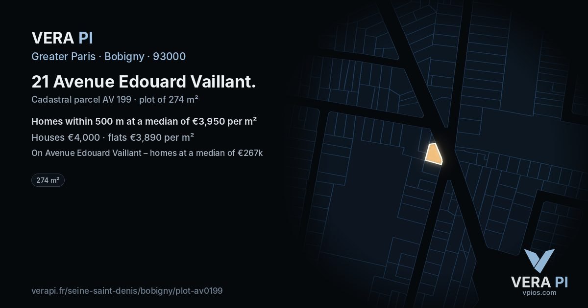 21 Avenue Edouard Vaillant, Bobigny at night – the plot lit, the parcels around coloured by the prices near them