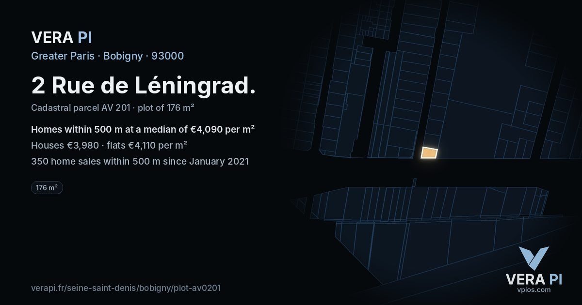 2 Rue de Léningrad, Bobigny at night – the plot lit, the parcels around coloured by the prices near them