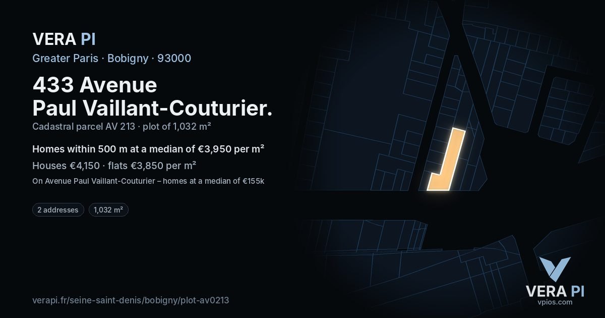433 Avenue Paul Vaillant-Couturier, Bobigny at night – the plot lit, the parcels around coloured by the prices near them