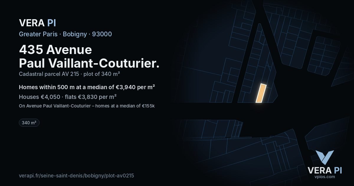 435 Avenue Paul Vaillant-Couturier, Bobigny at night – the plot lit, the parcels around coloured by the prices near them