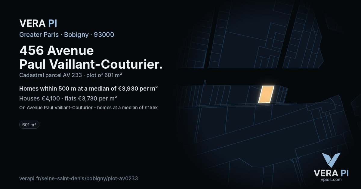456 Avenue Paul Vaillant-Couturier, Bobigny at night – the plot lit, the parcels around coloured by the prices near them