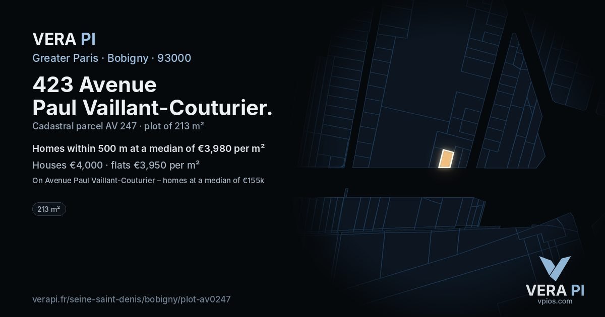423 Avenue Paul Vaillant-Couturier, Bobigny at night – the plot lit, the parcels around coloured by the prices near them