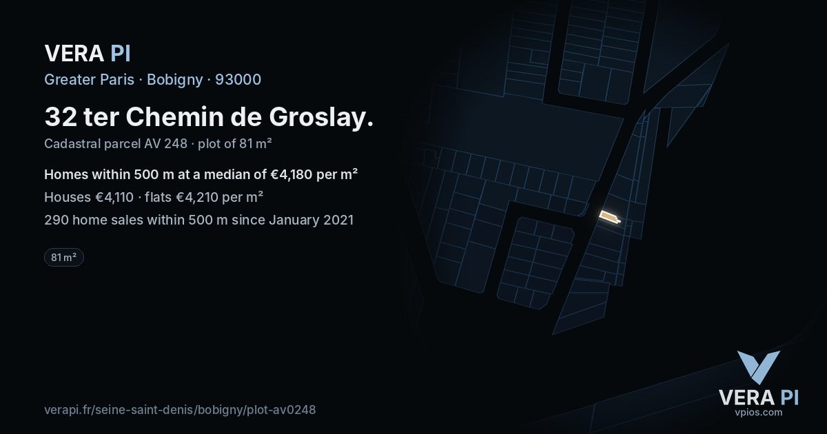 32 ter Chemin de Groslay, Bobigny at night – the plot lit, the parcels around coloured by the prices near them