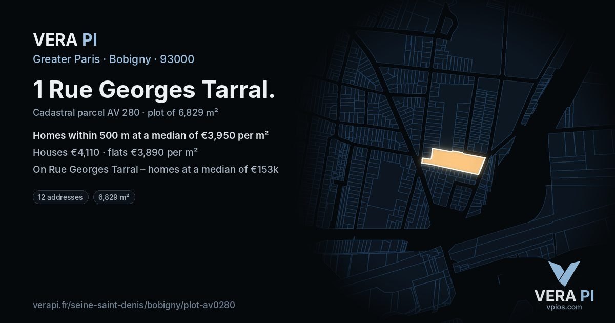 1 Rue Georges Tarral, Bobigny at night – the plot lit, the parcels around coloured by the prices near them