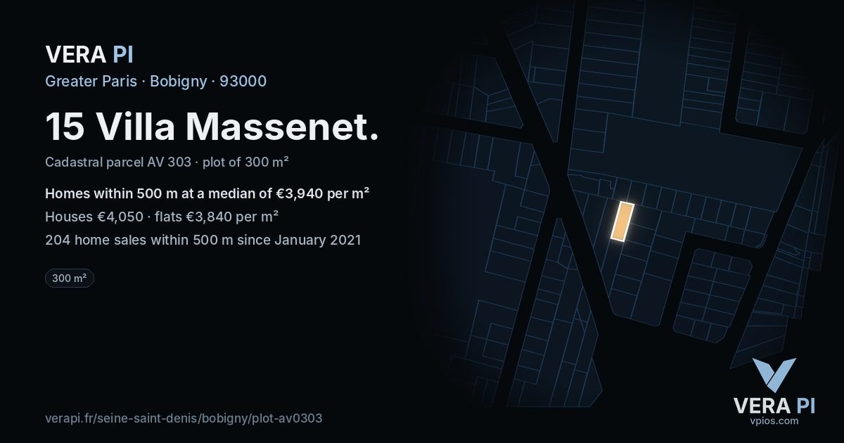 15 Villa Massenet, Bobigny at night – the plot lit, the parcels around coloured by the prices near them