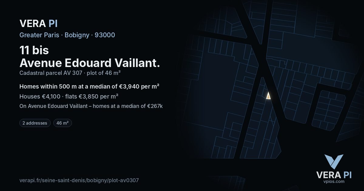 11 bis Avenue Edouard Vaillant, Bobigny at night – the plot lit, the parcels around coloured by the prices near them