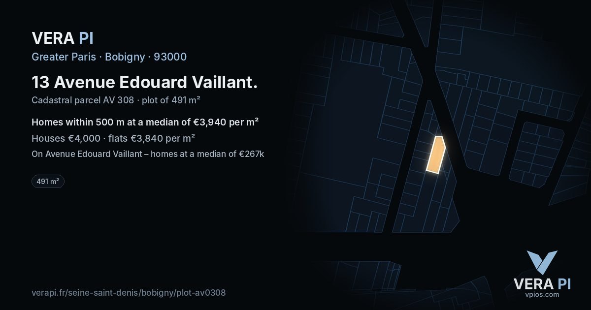13 Avenue Edouard Vaillant, Bobigny at night – the plot lit, the parcels around coloured by the prices near them