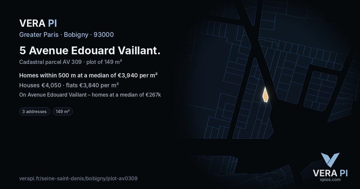 5 Avenue Edouard Vaillant, Bobigny at night – the plot lit, the parcels around coloured by the prices near them