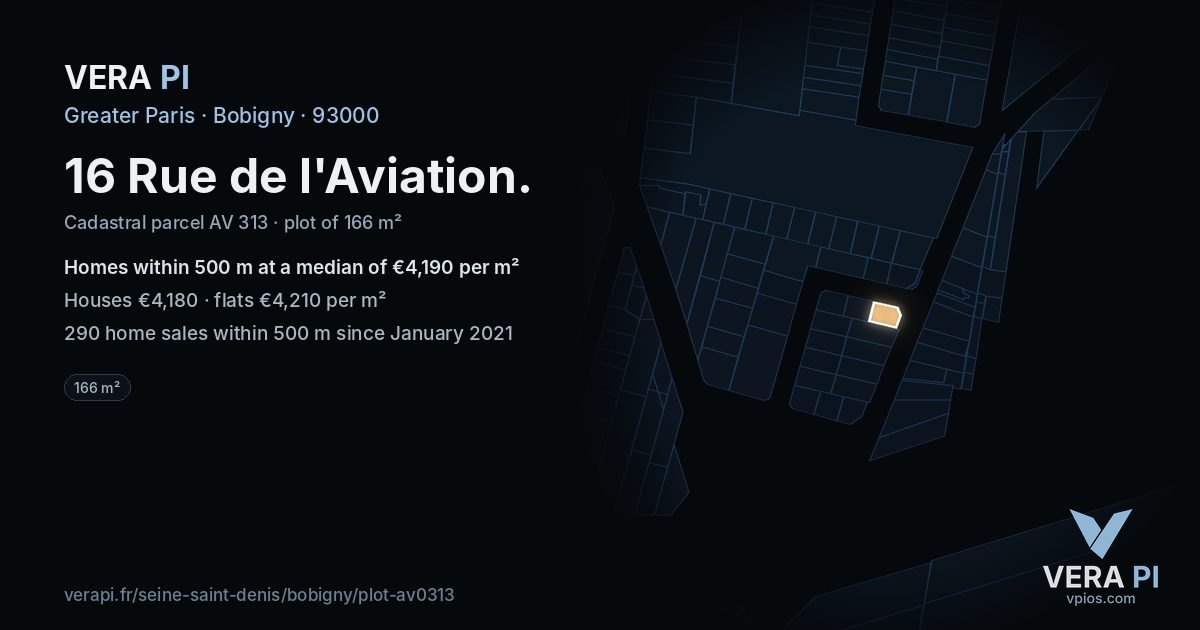 16 Rue de l'Aviation, Bobigny at night – the plot lit, the parcels around coloured by the prices near them