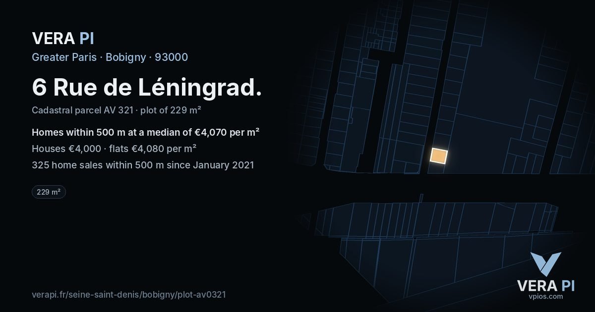 6 Rue de Léningrad, Bobigny at night – the plot lit, the parcels around coloured by the prices near them
