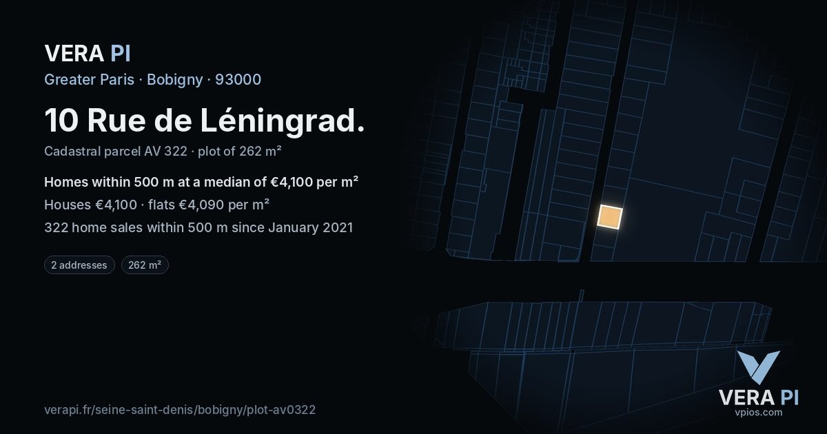 10 Rue de Léningrad, Bobigny at night – the plot lit, the parcels around coloured by the prices near them