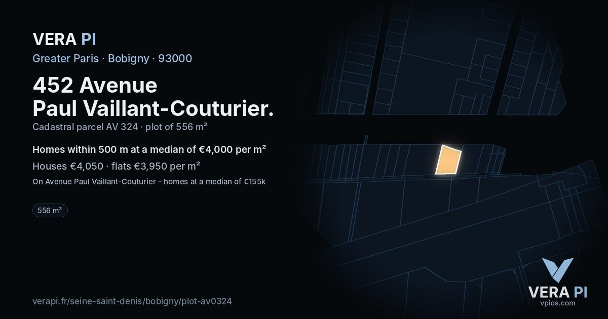 452 Avenue Paul Vaillant-Couturier, Bobigny at night – the plot lit, the parcels around coloured by the prices near them