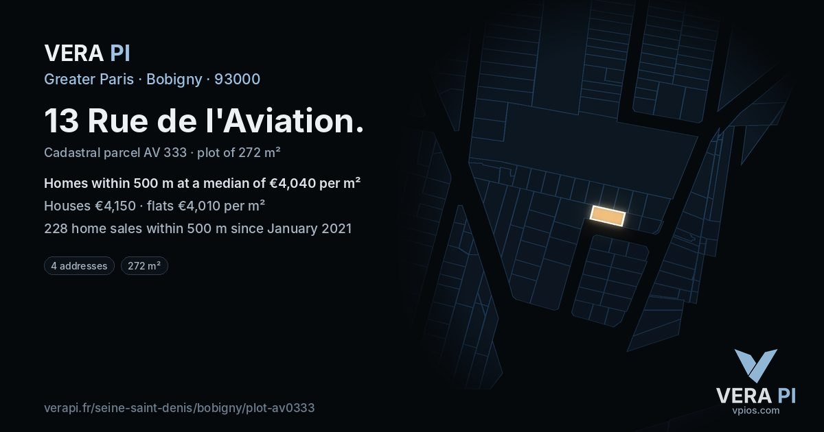 13 Rue de l'Aviation, Bobigny at night – the plot lit, the parcels around coloured by the prices near them