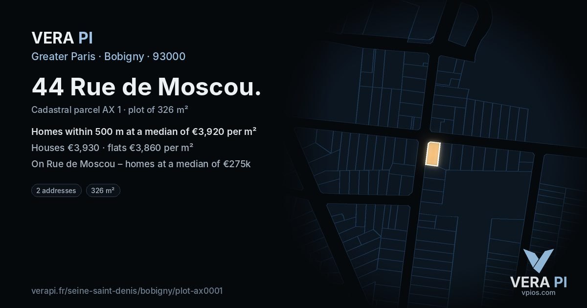 44 Rue de Moscou, Bobigny at night – the plot lit, the parcels around coloured by the prices near them