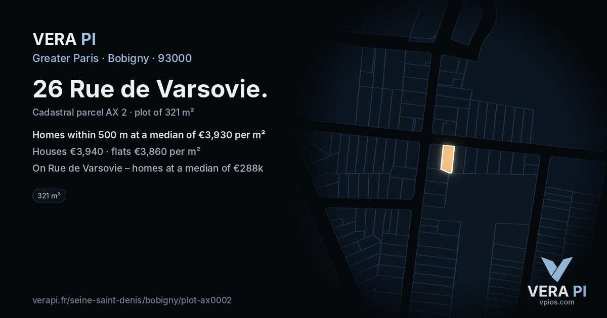 26 Rue de Varsovie, Bobigny at night – the plot lit, the parcels around coloured by the prices near them