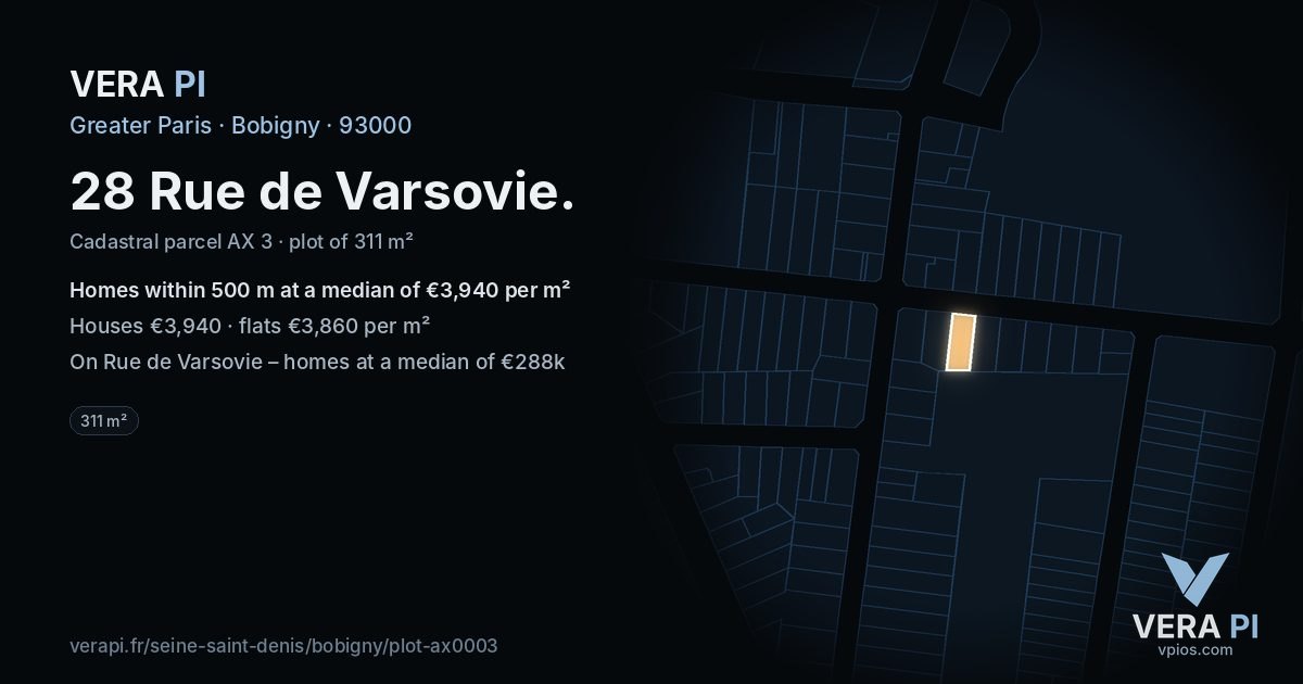 28 Rue de Varsovie, Bobigny at night – the plot lit, the parcels around coloured by the prices near them