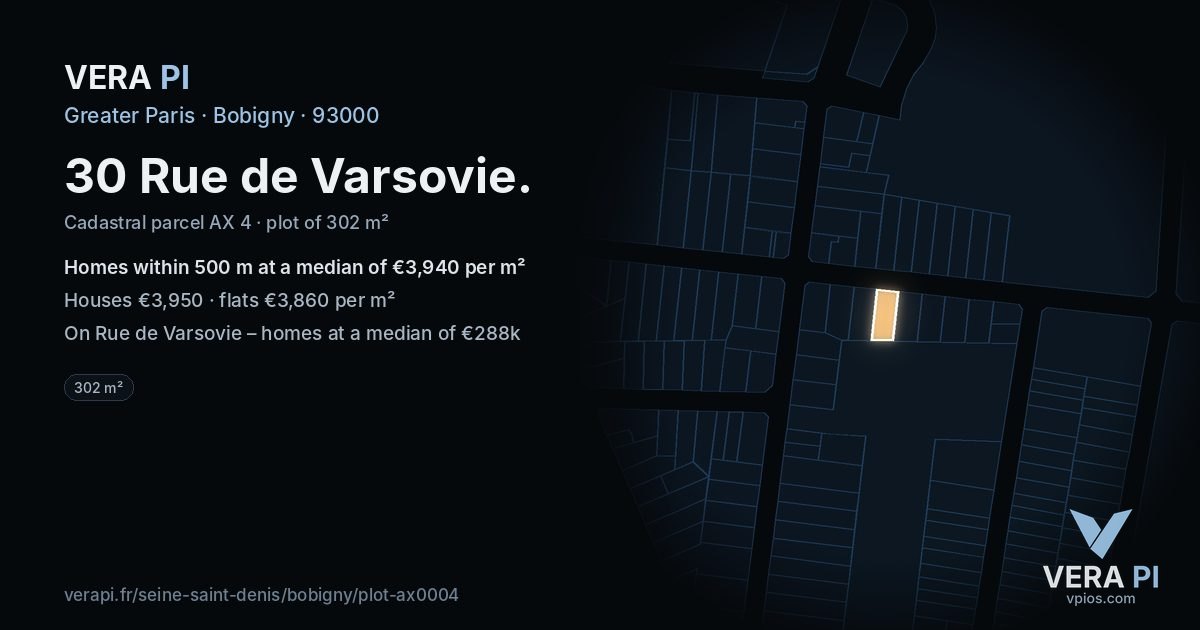 30 Rue de Varsovie, Bobigny at night – the plot lit, the parcels around coloured by the prices near them