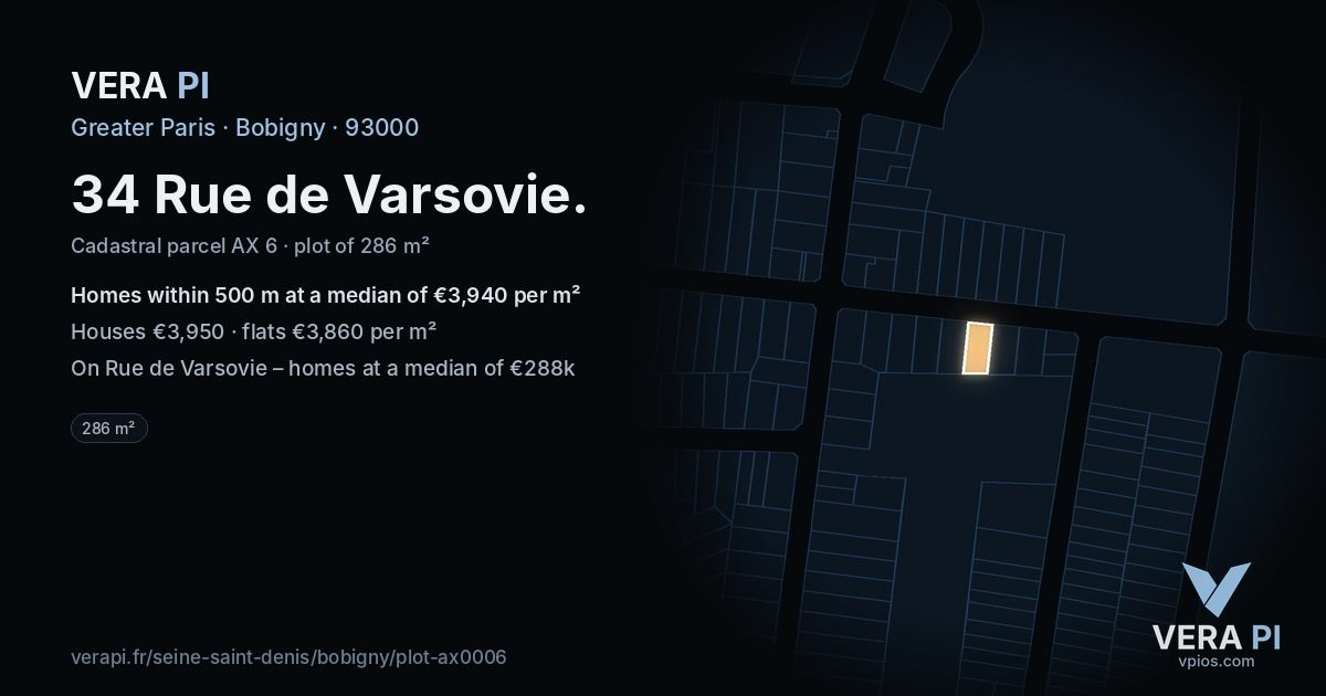 34 Rue de Varsovie, Bobigny at night – the plot lit, the parcels around coloured by the prices near them