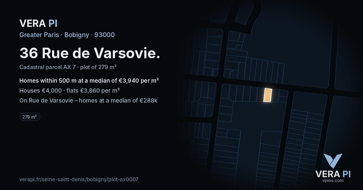 36 Rue de Varsovie, Bobigny at night – the plot lit, the parcels around coloured by the prices near them