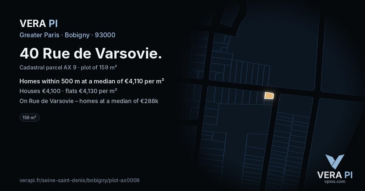 40 Rue de Varsovie, Bobigny at night – the plot lit, the parcels around coloured by the prices near them