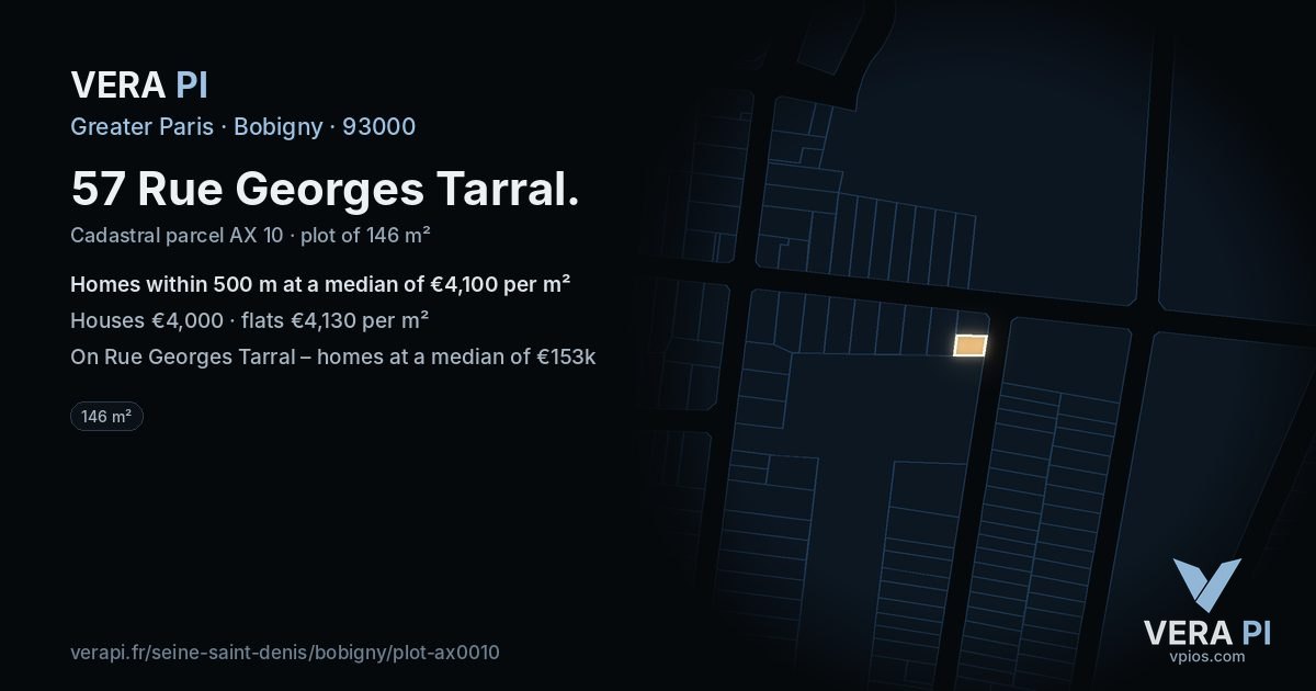 57 Rue Georges Tarral, Bobigny at night – the plot lit, the parcels around coloured by the prices near them
