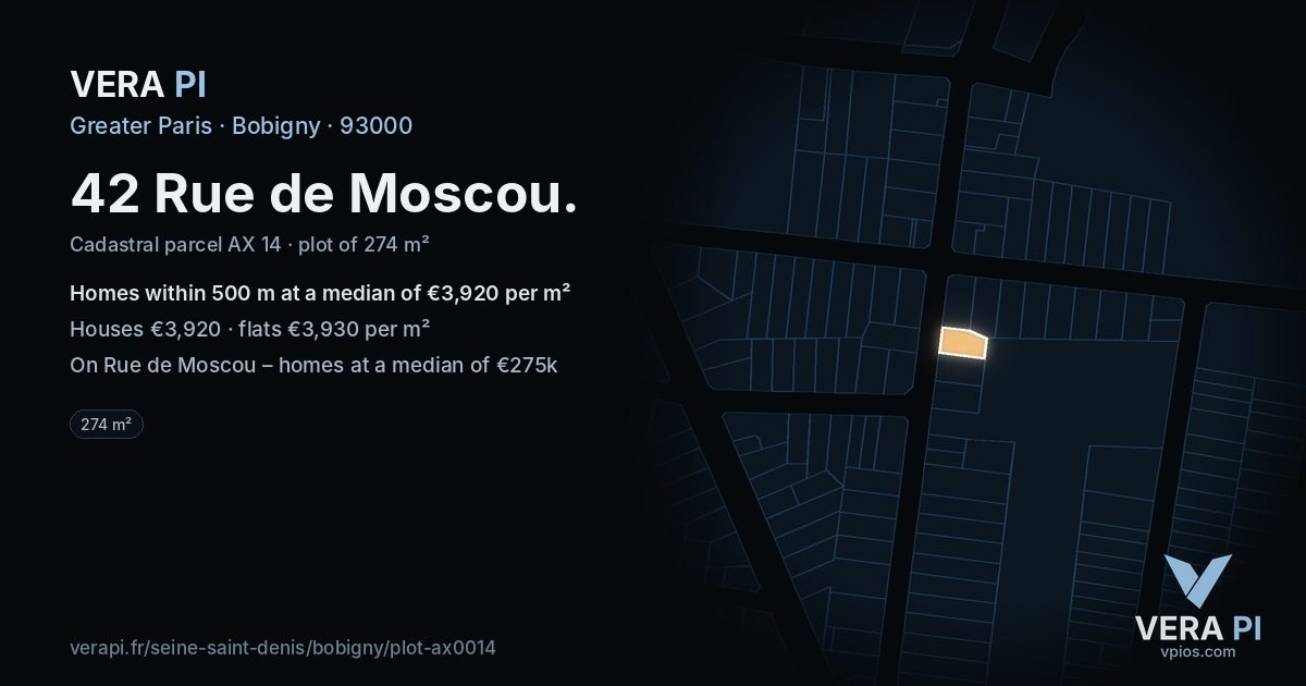 42 Rue de Moscou, Bobigny at night – the plot lit, the parcels around coloured by the prices near them