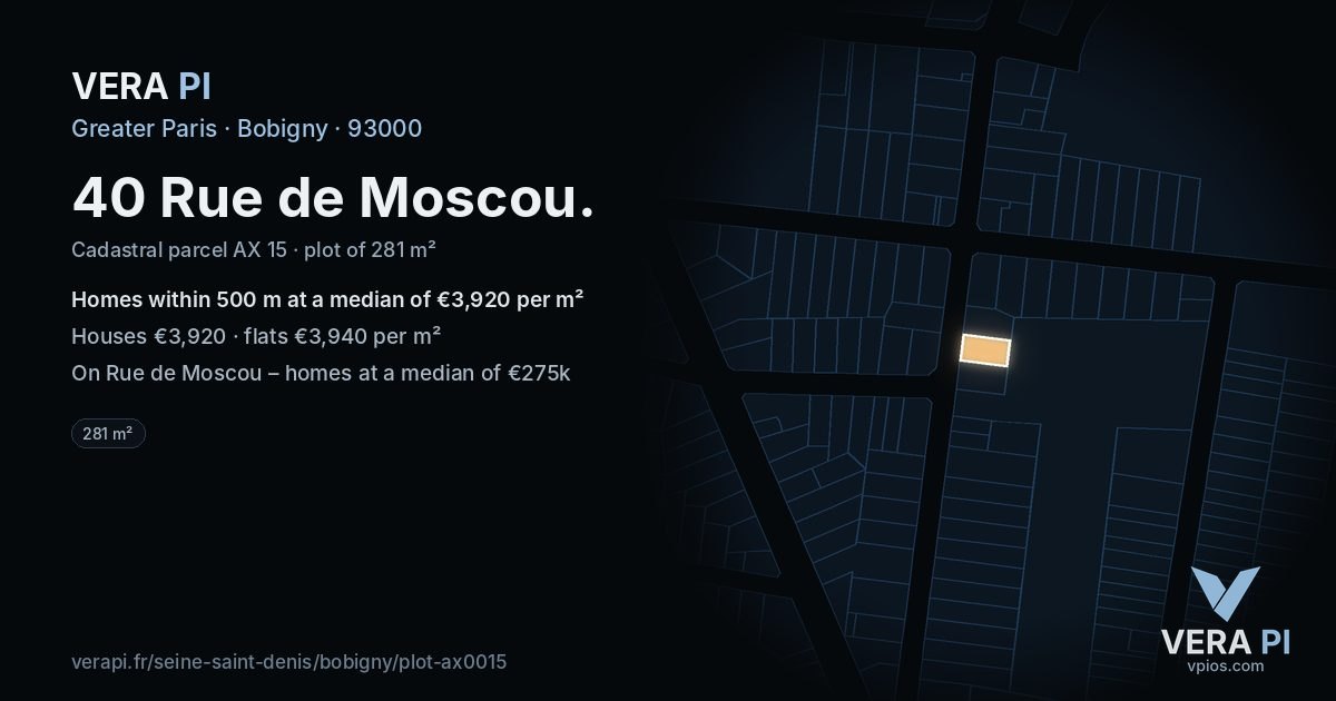 40 Rue de Moscou, Bobigny at night – the plot lit, the parcels around coloured by the prices near them