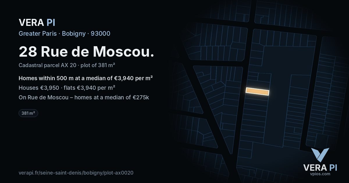 28 Rue de Moscou, Bobigny at night – the plot lit, the parcels around coloured by the prices near them