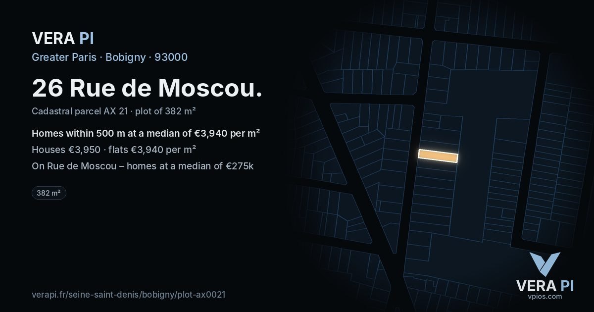 26 Rue de Moscou, Bobigny at night – the plot lit, the parcels around coloured by the prices near them