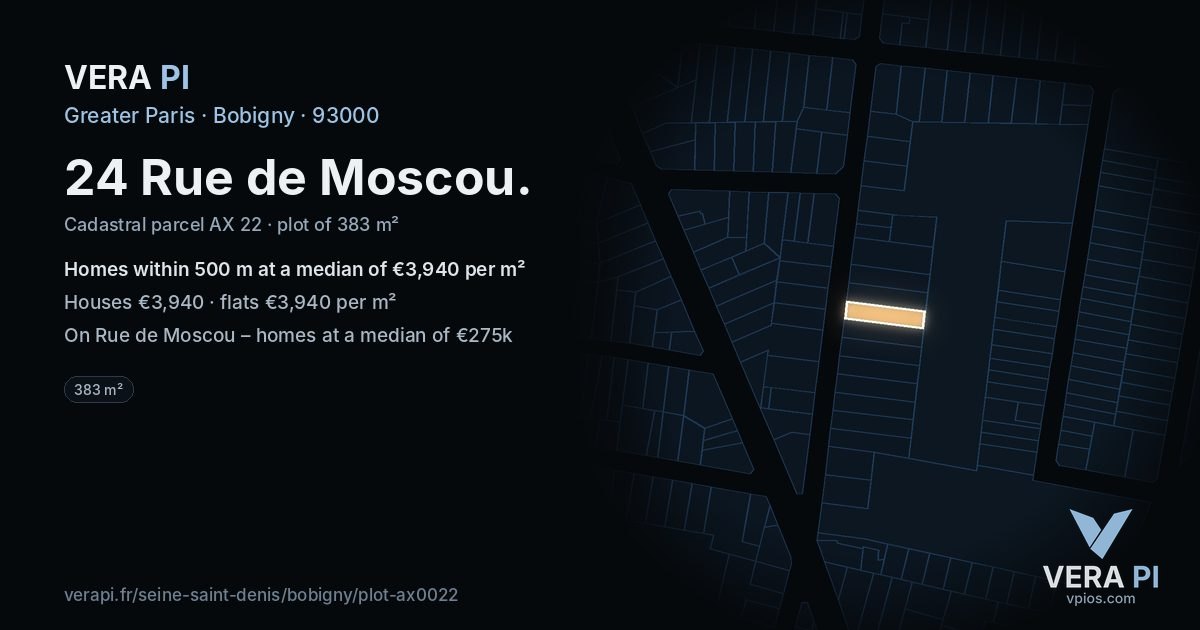 24 Rue de Moscou, Bobigny at night – the plot lit, the parcels around coloured by the prices near them