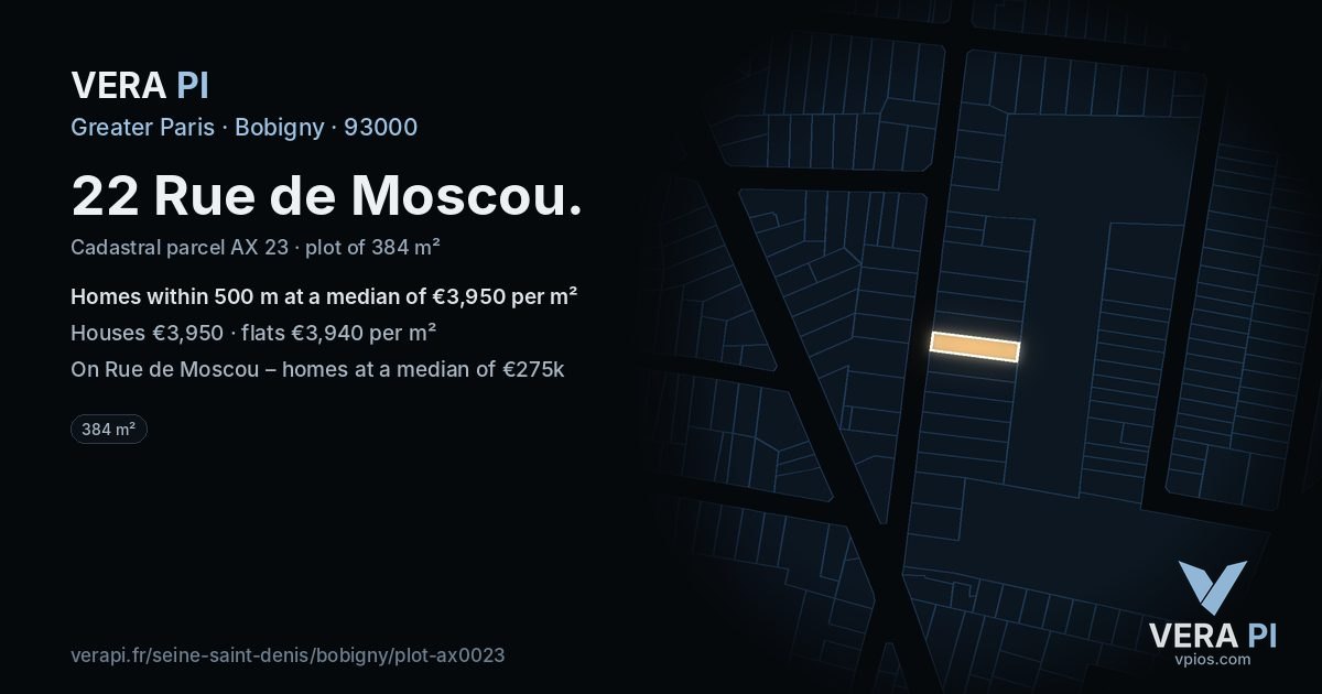 22 Rue de Moscou, Bobigny at night – the plot lit, the parcels around coloured by the prices near them