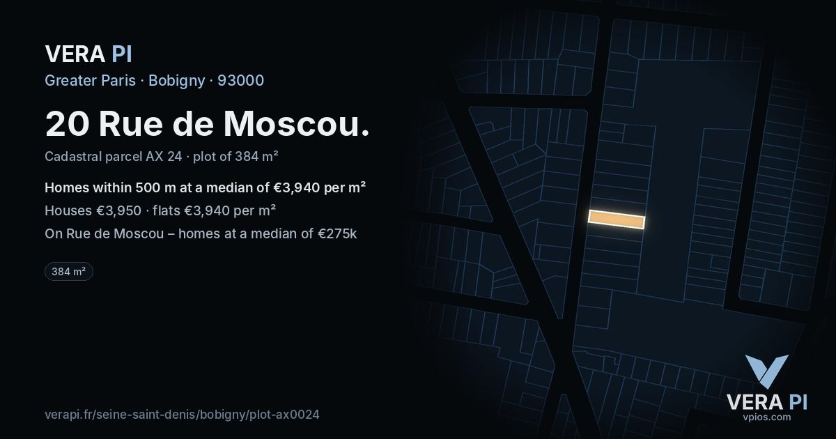 20 Rue de Moscou, Bobigny at night – the plot lit, the parcels around coloured by the prices near them