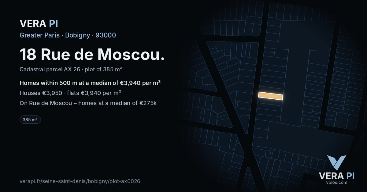 18 Rue de Moscou, Bobigny at night – the plot lit, the parcels around coloured by the prices near them