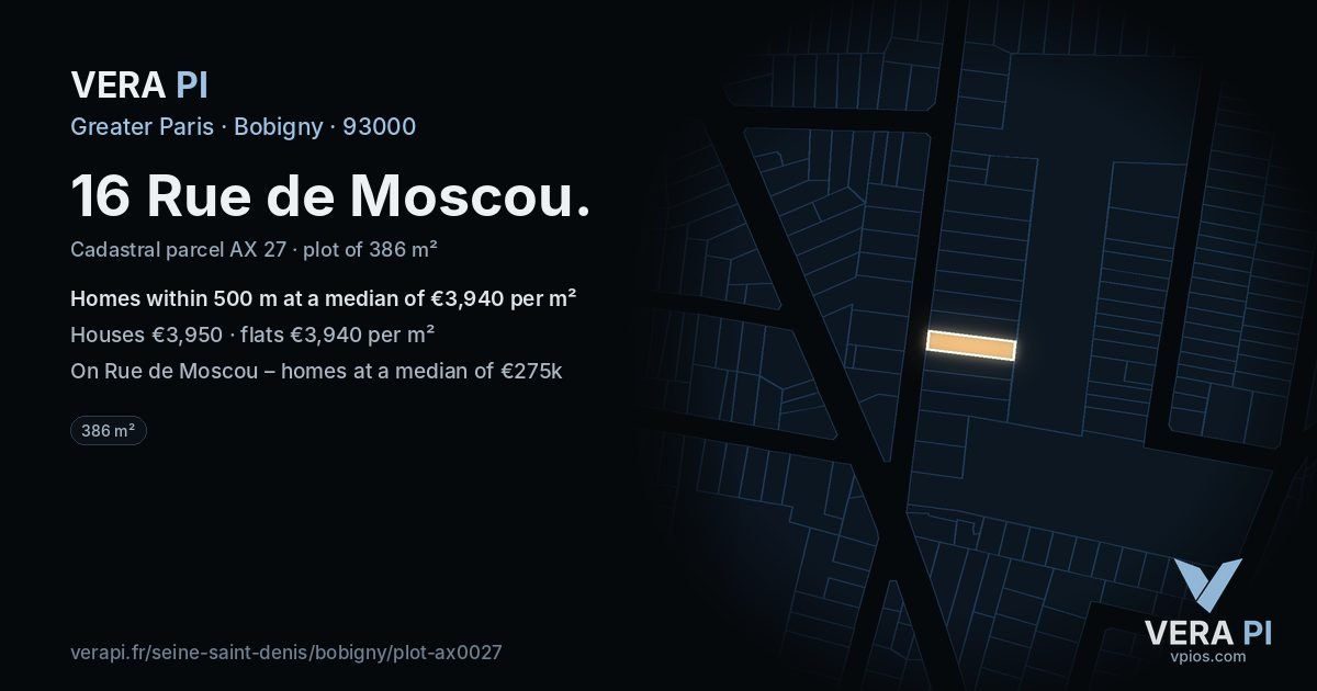 16 Rue de Moscou, Bobigny at night – the plot lit, the parcels around coloured by the prices near them