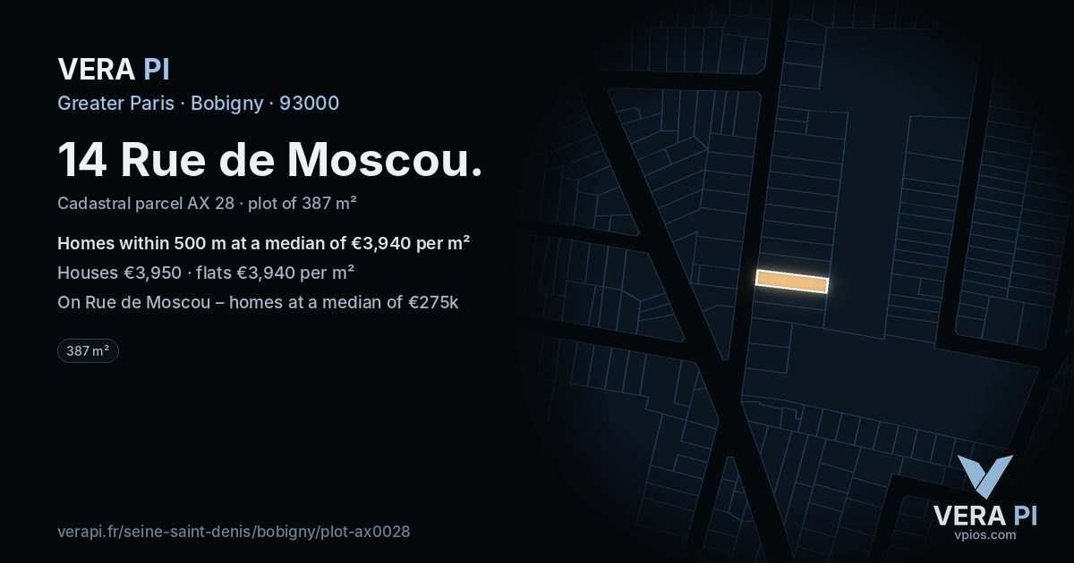 14 Rue de Moscou, Bobigny at night – the plot lit, the parcels around coloured by the prices near them