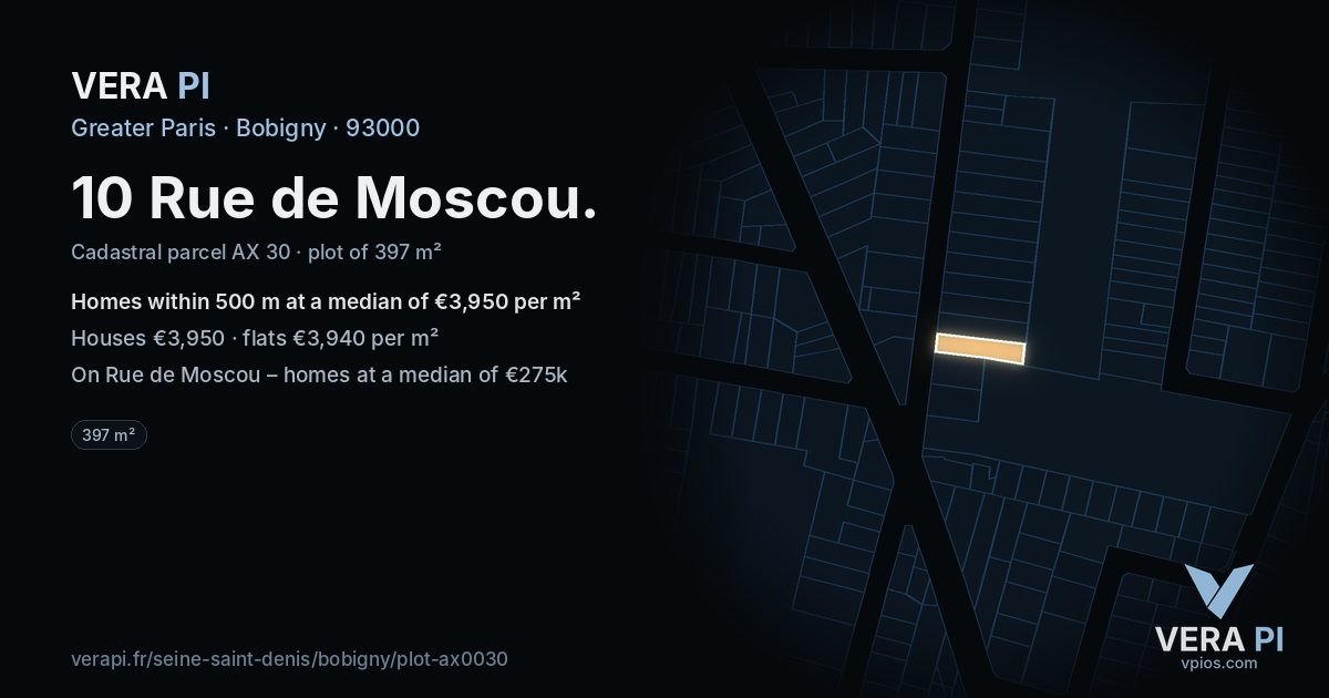 10 Rue de Moscou, Bobigny at night – the plot lit, the parcels around coloured by the prices near them