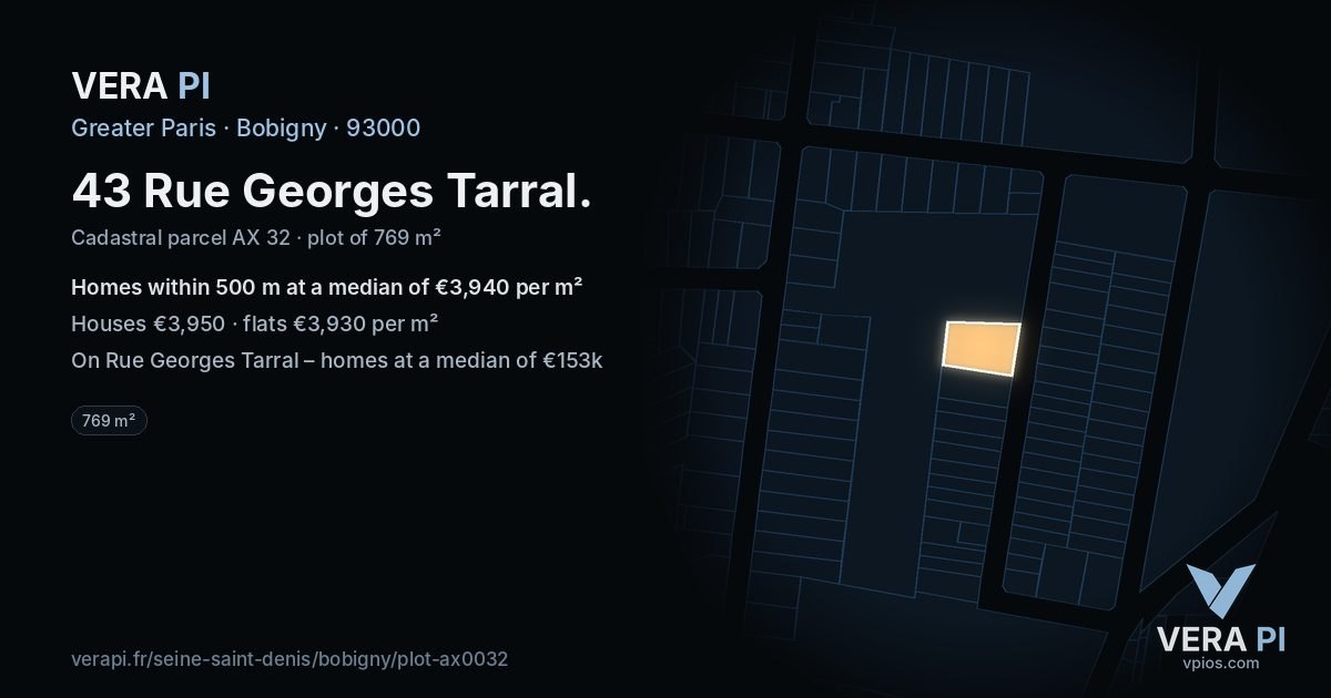 43 Rue Georges Tarral, Bobigny at night – the plot lit, the parcels around coloured by the prices near them