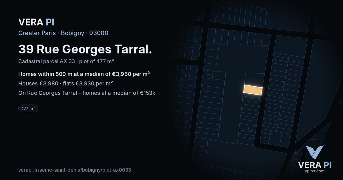 39 Rue Georges Tarral, Bobigny at night – the plot lit, the parcels around coloured by the prices near them