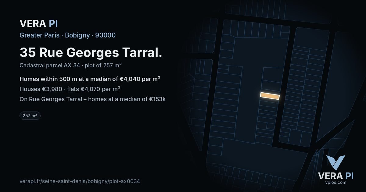 35 Rue Georges Tarral, Bobigny at night – the plot lit, the parcels around coloured by the prices near them