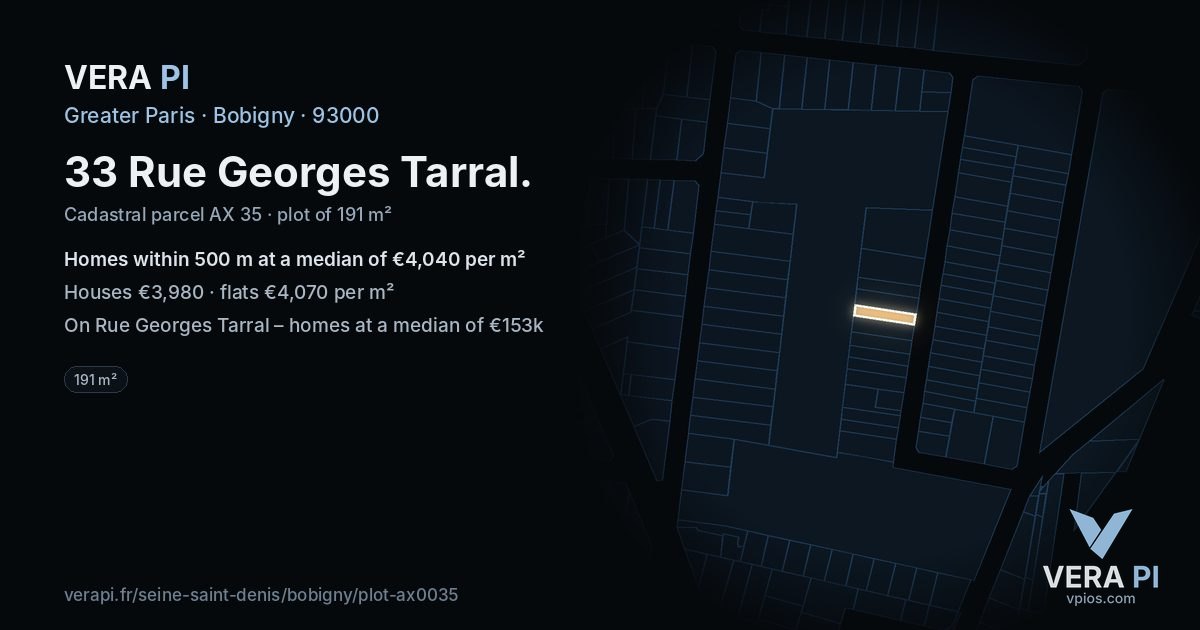 33 Rue Georges Tarral, Bobigny at night – the plot lit, the parcels around coloured by the prices near them