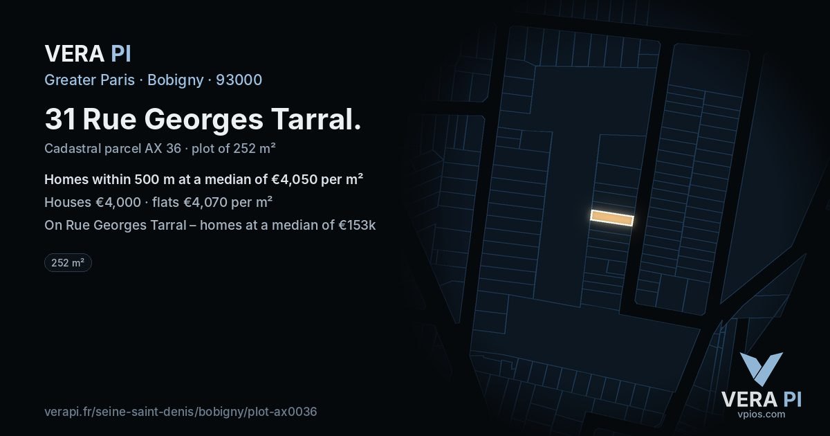 31 Rue Georges Tarral, Bobigny at night – the plot lit, the parcels around coloured by the prices near them